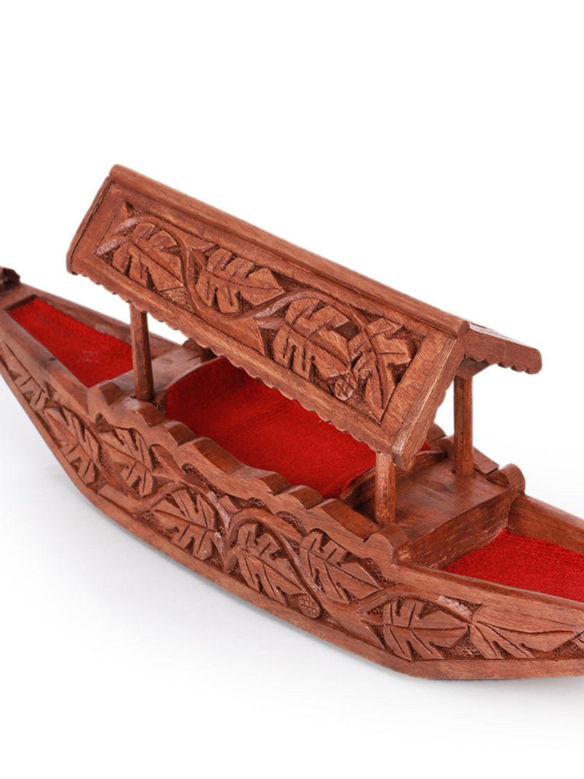 Walnut Wood Shikara with Chinar Leaf Design - Handcrafted Kashmiri Boat Decor - Hamiast