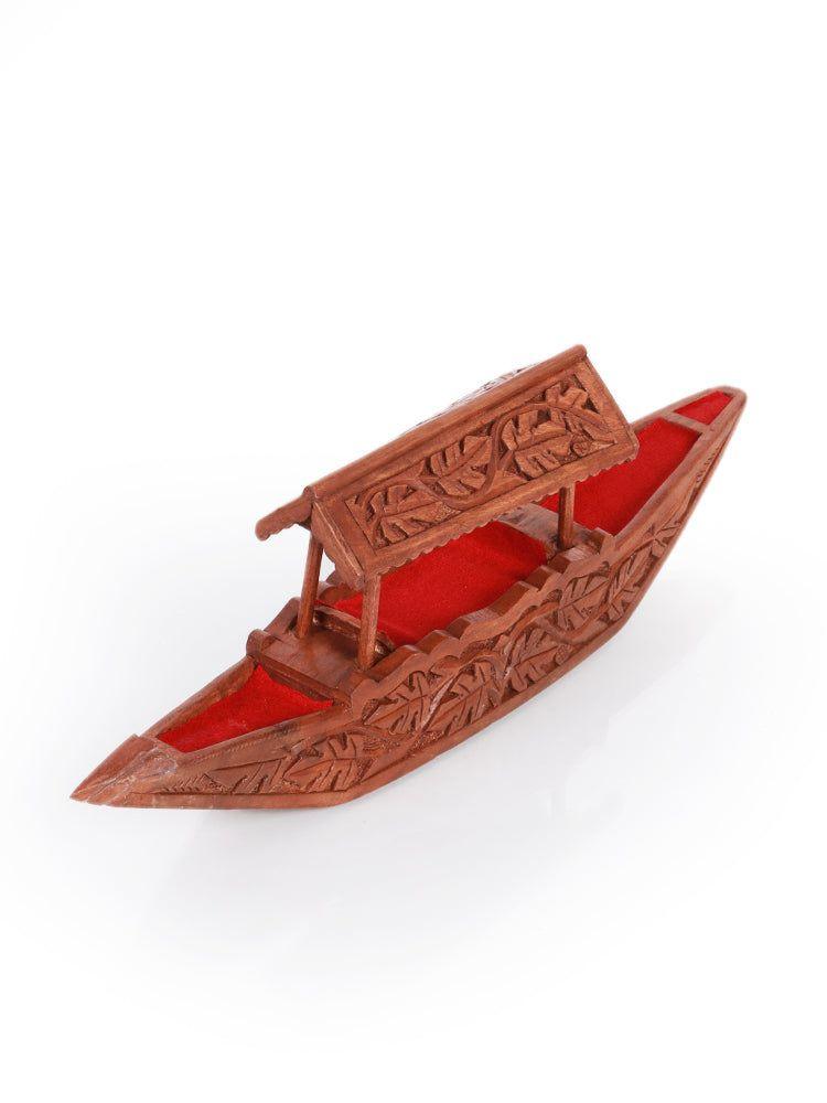 Walnut Wood Shikara with Chinar Leaf Design - Handcrafted Kashmiri Boat Decor - Hamiast