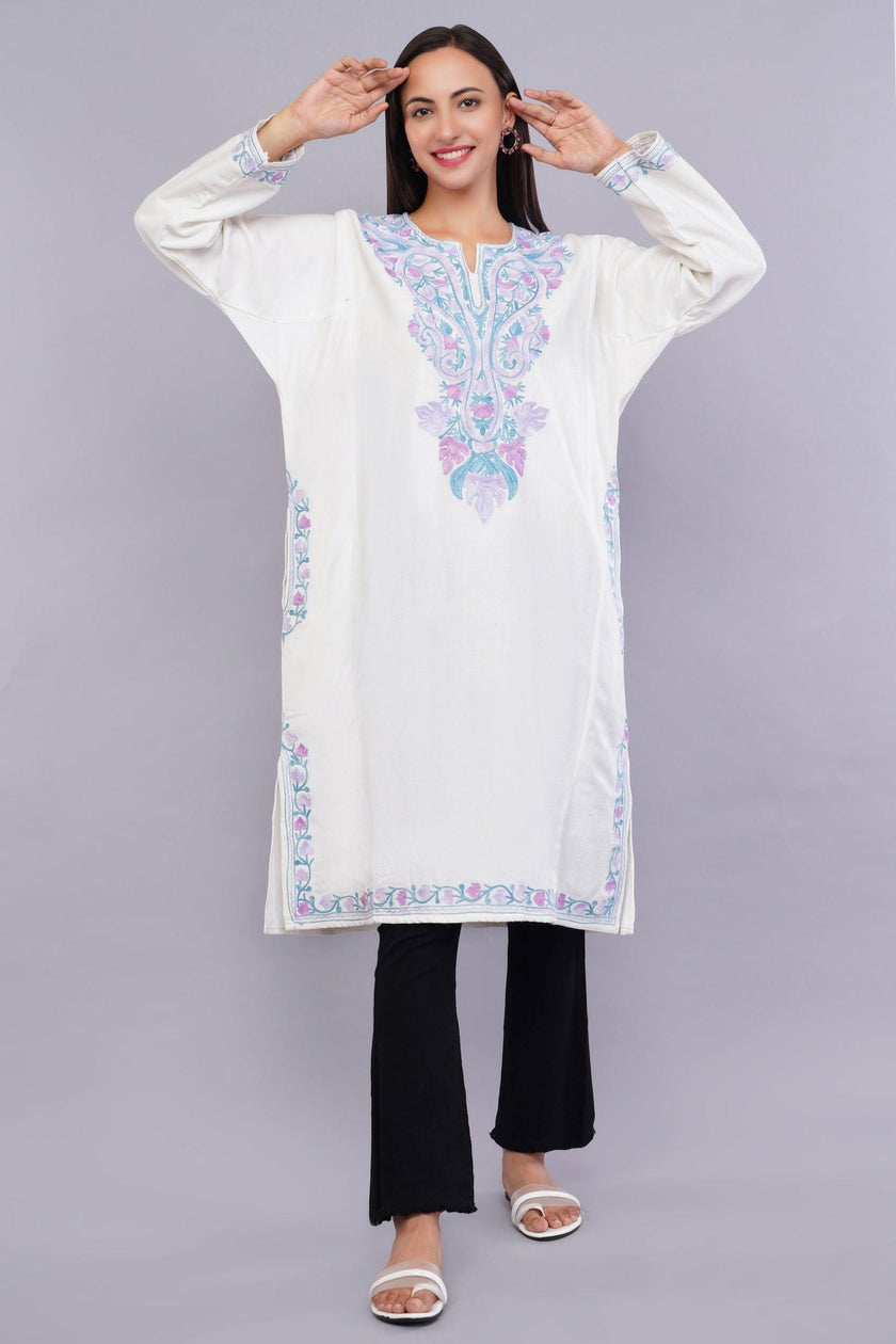 White Pheran with Light Lavender and Moonstone Blue Floral Aari Embroidery - Kashmiri Pheran