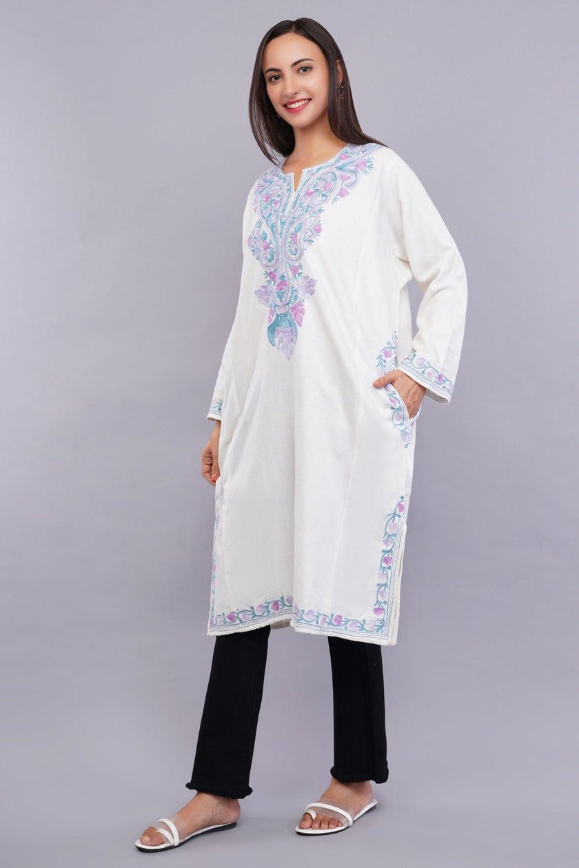 White Pheran with Light Lavender and Moonstone Blue Floral Aari Embroidery - Kashmiri Pheran