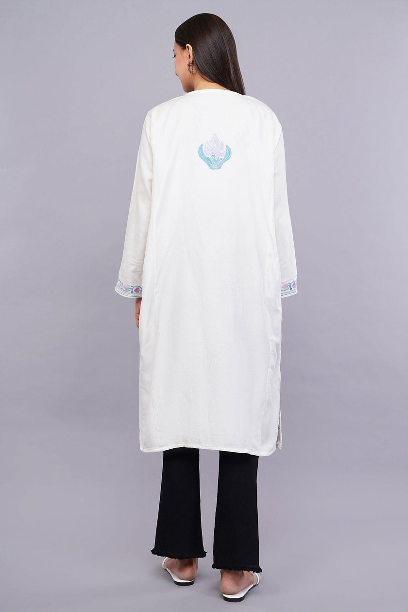 White Pheran with Light Lavender and Moonstone Blue Floral Aari Embroidery - Kashmiri Pheran