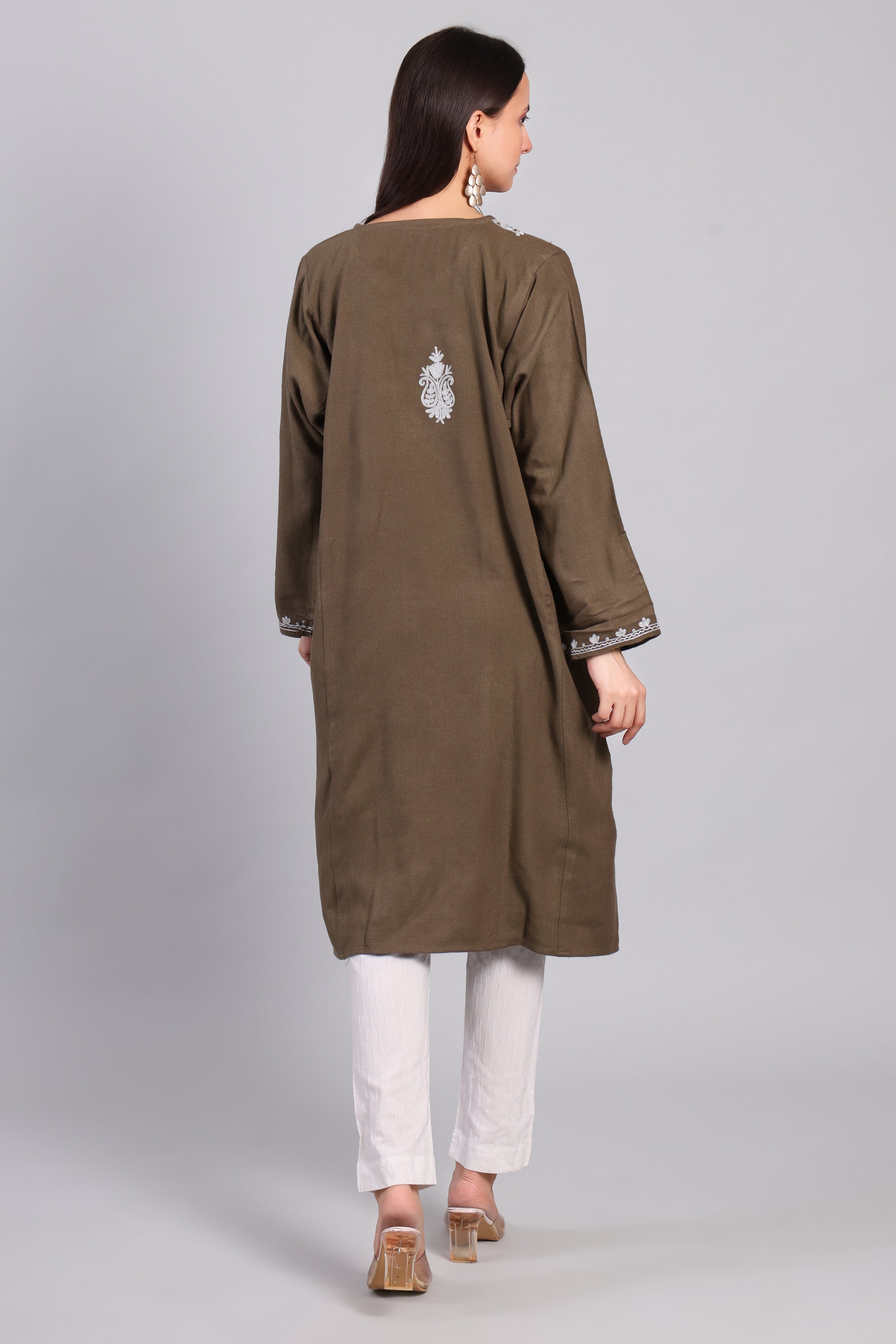 Zarq-e-Khak — Earth Brown Pheran with Ivory Zari Kashmiri Embroidery-Back