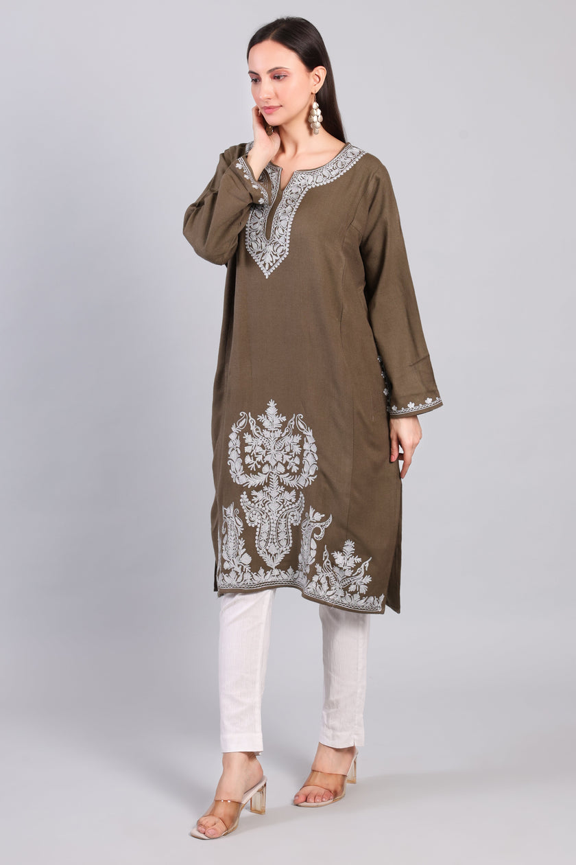 Zarq-e-Khak — Earth Brown Pheran with Ivory Zari Kashmiri Embroidery-Right