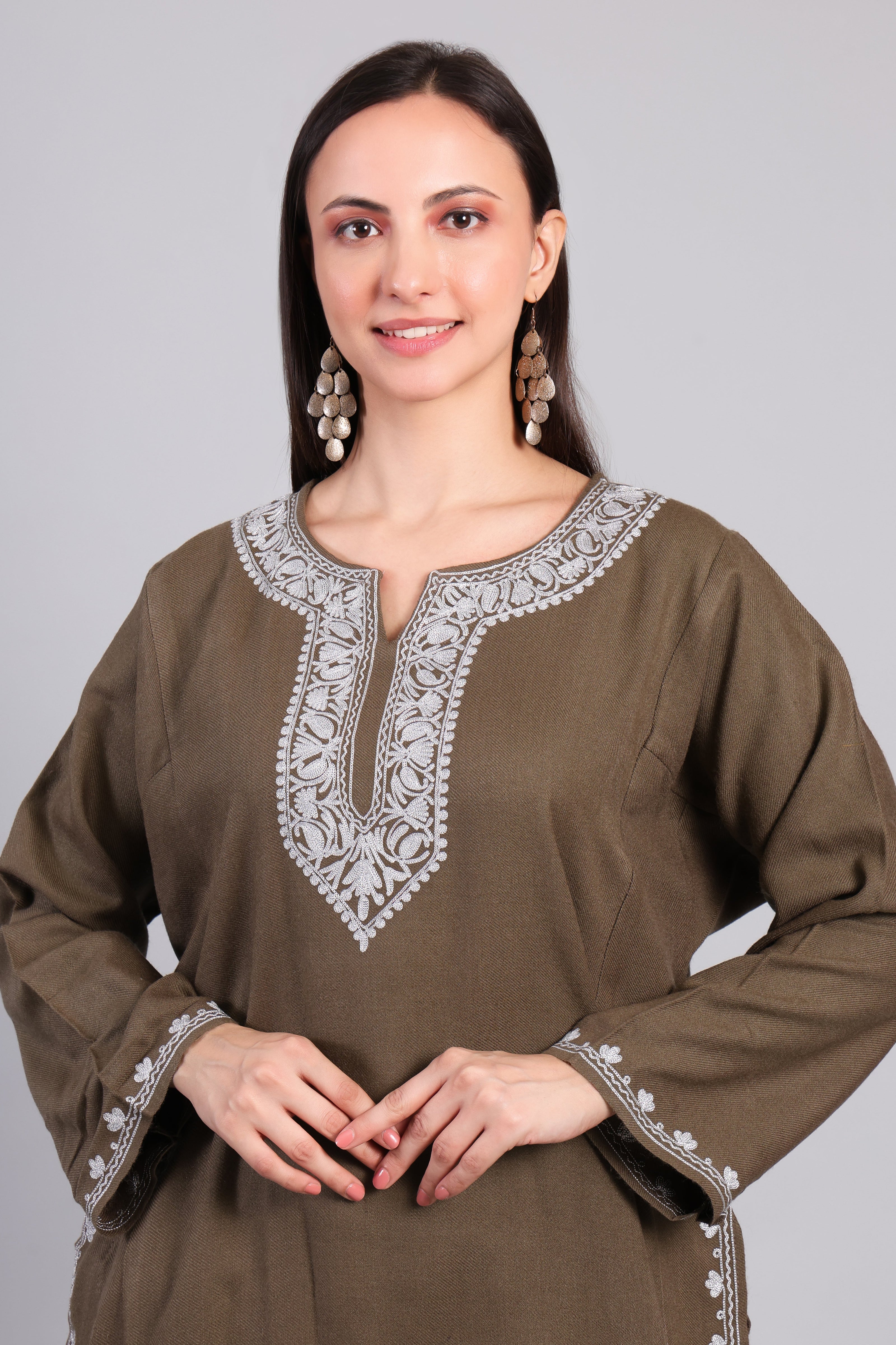 Zarq-e-Khak — Earth Brown Pheran with Ivory Zari Kashmiri Embroidery-Back-Zoomed