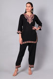 Front view of black Kashmiri Aari co-ord set with heavy neckline embroidery for women