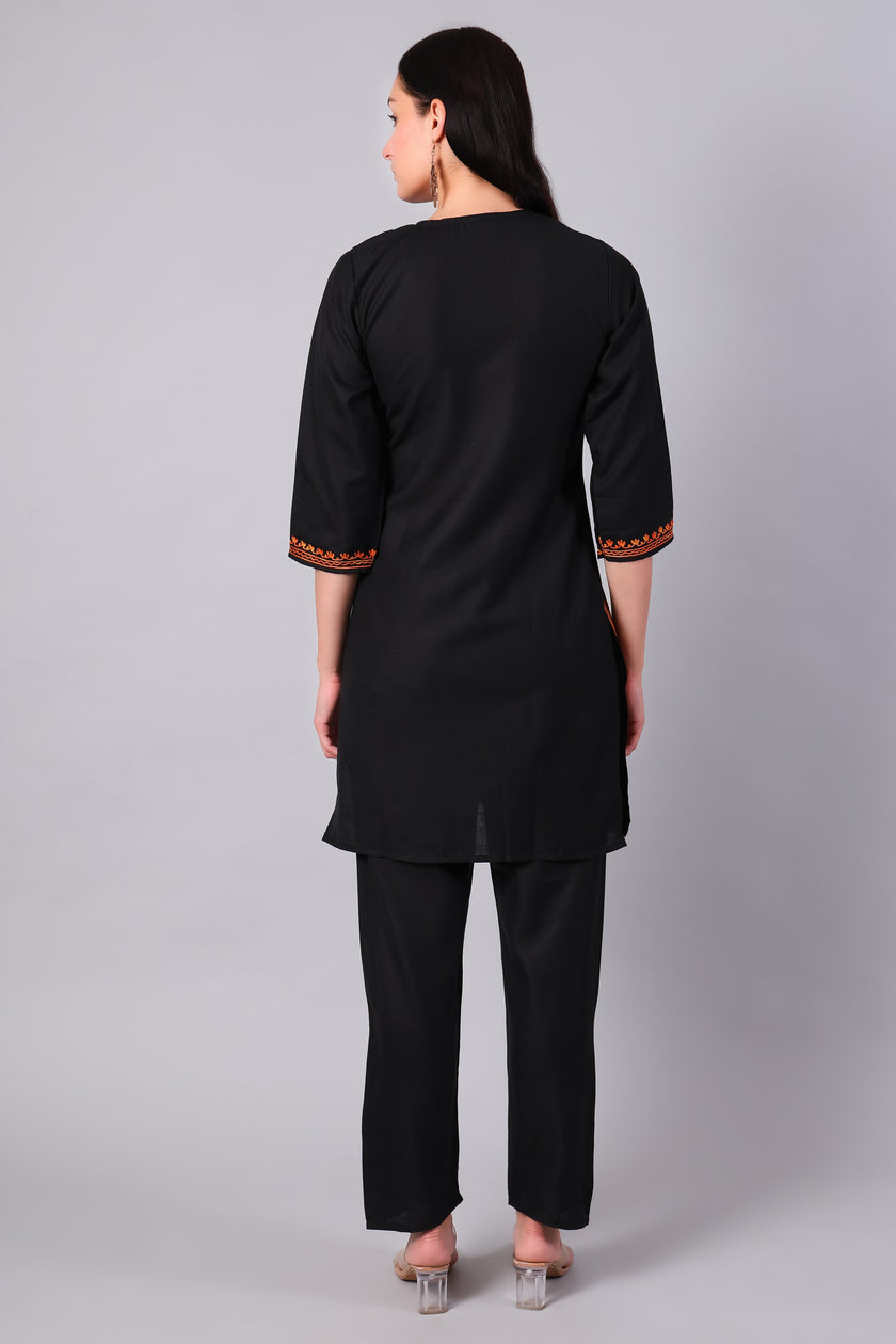 Back view of jet black Kashmiri Aari co-ord set for women