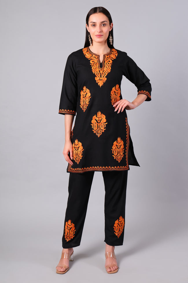 Full outfit of black Aari embroidered co-ord set with straight pants for women