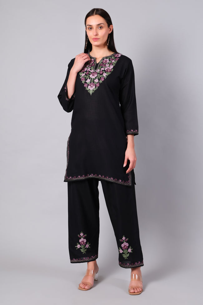 Front view of jet black Kashmiri Aari co-ord set with dusty pink embroidery for women