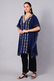 Novbahar midnight blue Kashmiri kaftan side view — relaxed one-size silhouette