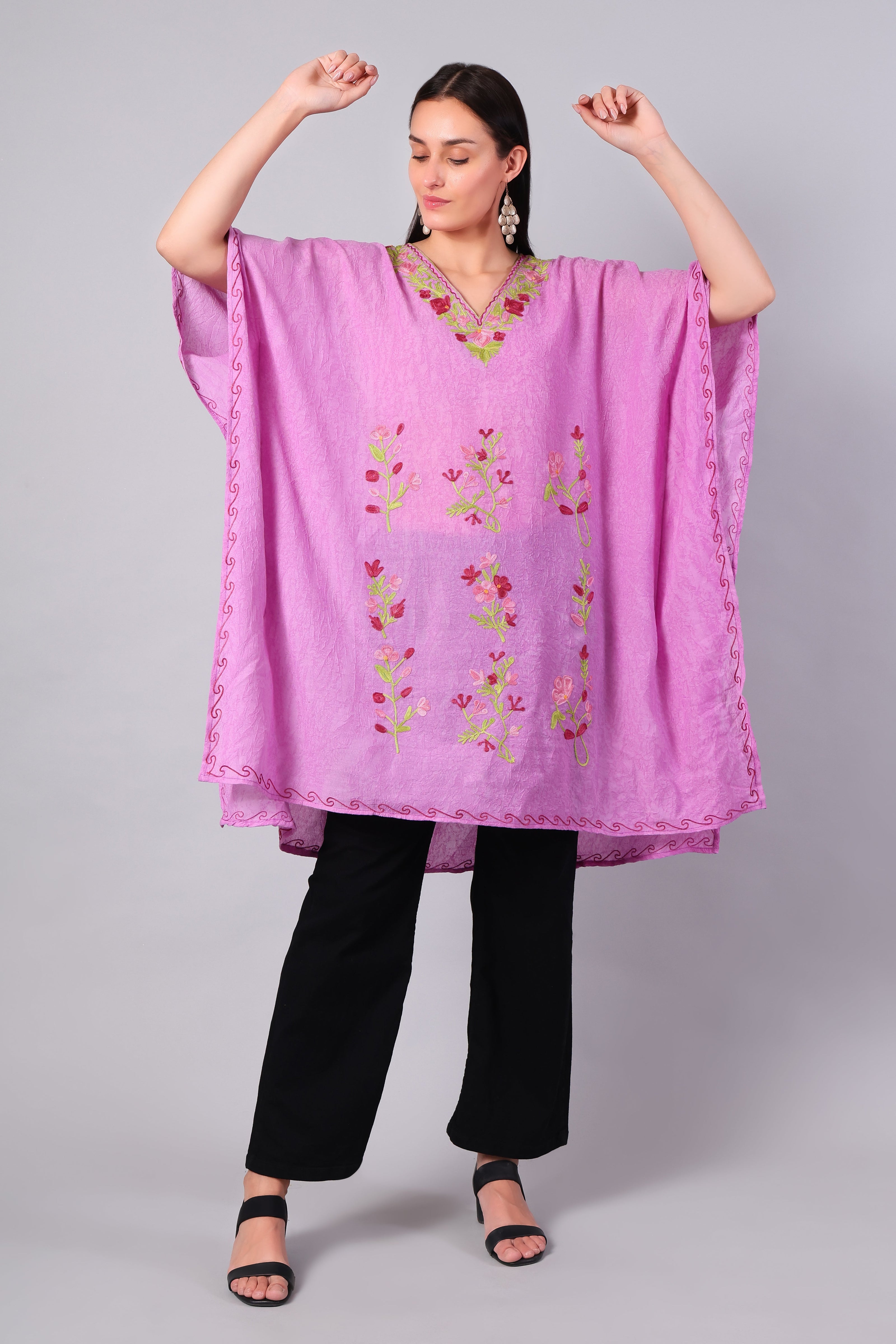 Blush Pink Kashmiri Kaftan with Multicolour Floral Aari Embroidery — front view