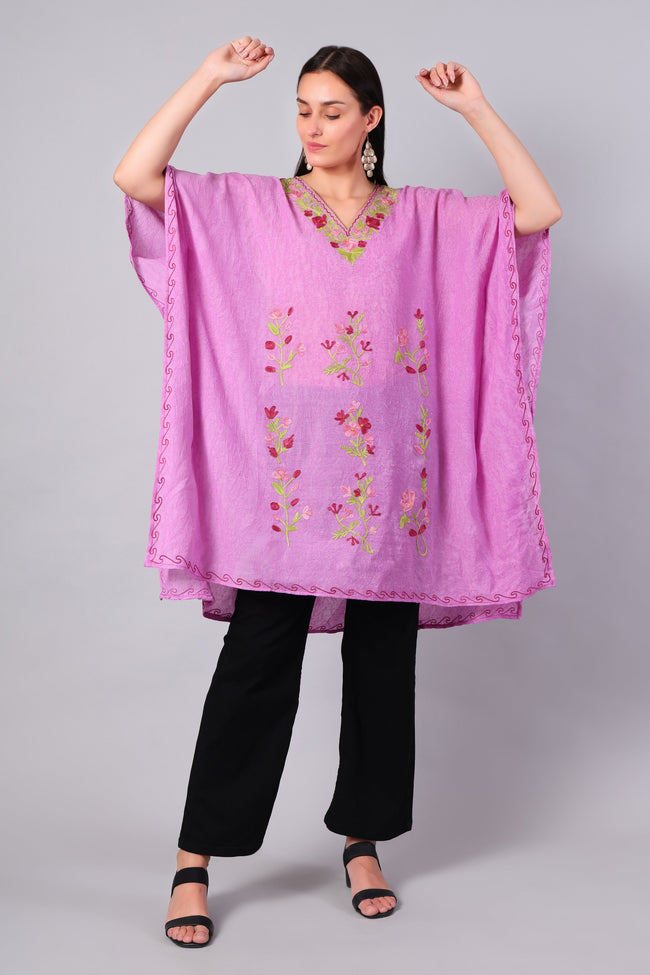 Blush Pink Kashmiri Kaftan with Multicolour Floral Aari Embroidery — front view