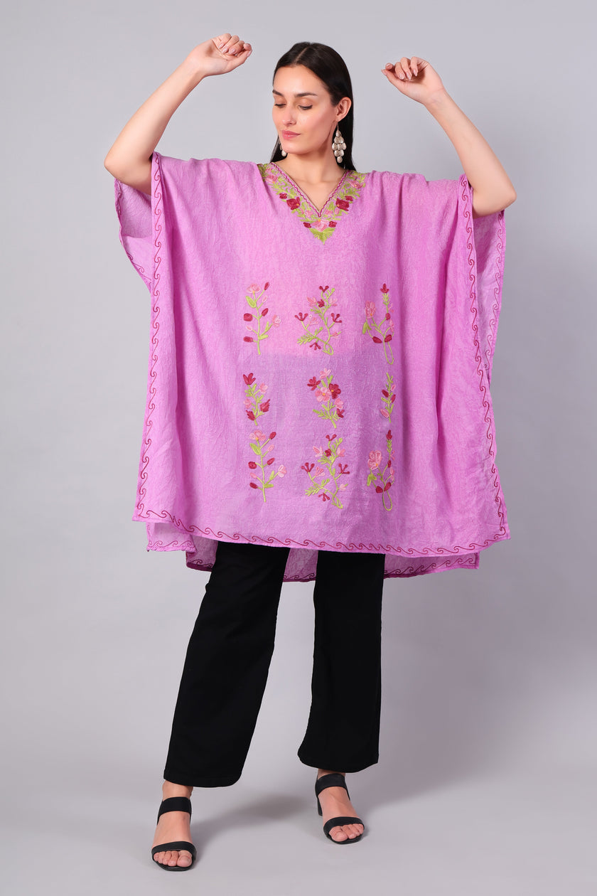Blush Pink Kashmiri Kaftan with Multicolour Floral Aari Embroidery — front view