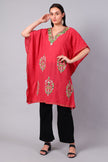 Stylish coral red cotton kaftan with floral embroidery for women
