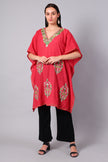 Coral Red Kashmiri Kaftan with Multicolour Aari Embroidery — front view