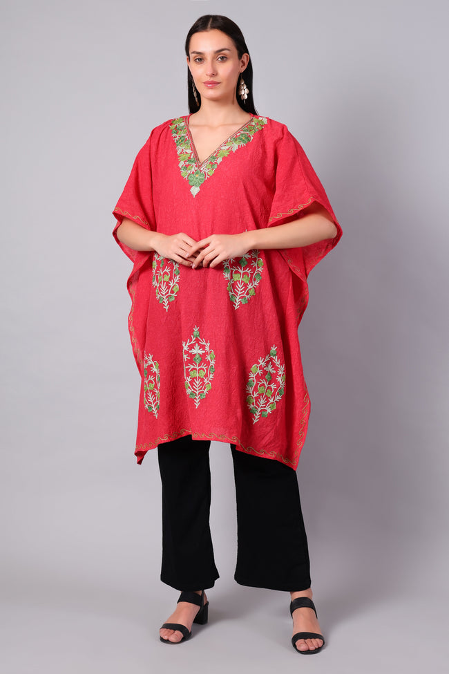 Coral Red Kashmiri Kaftan with Multicolour Aari Embroidery — front view