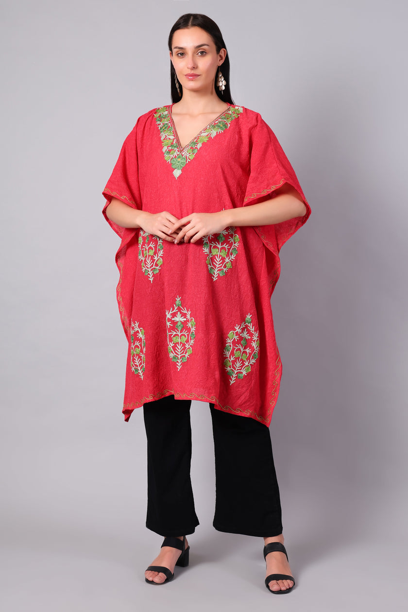 Coral Red Kashmiri Kaftan with Multicolour Aari Embroidery — front view