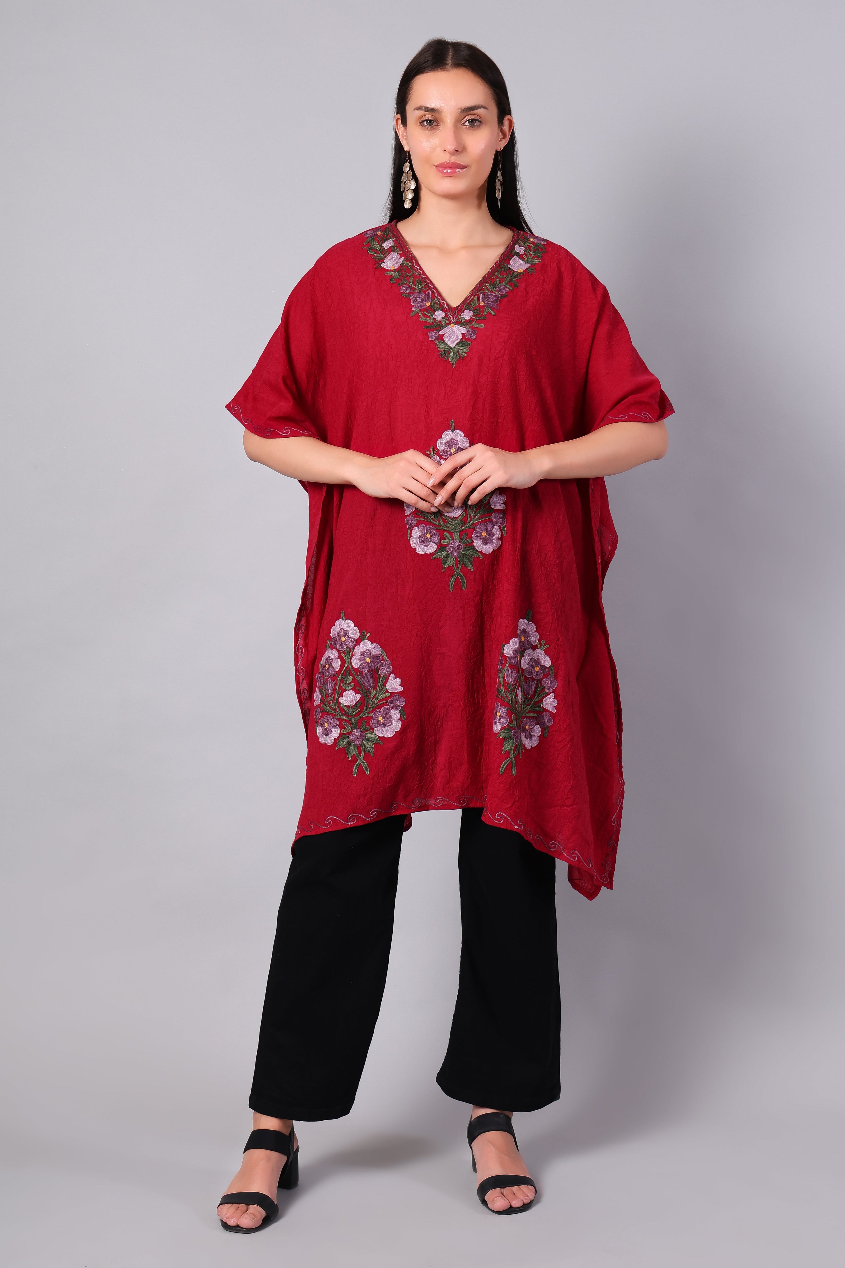 Crimson Red Kashmiri Kaftan with Multicolour Floral Aari Embroidery — front view