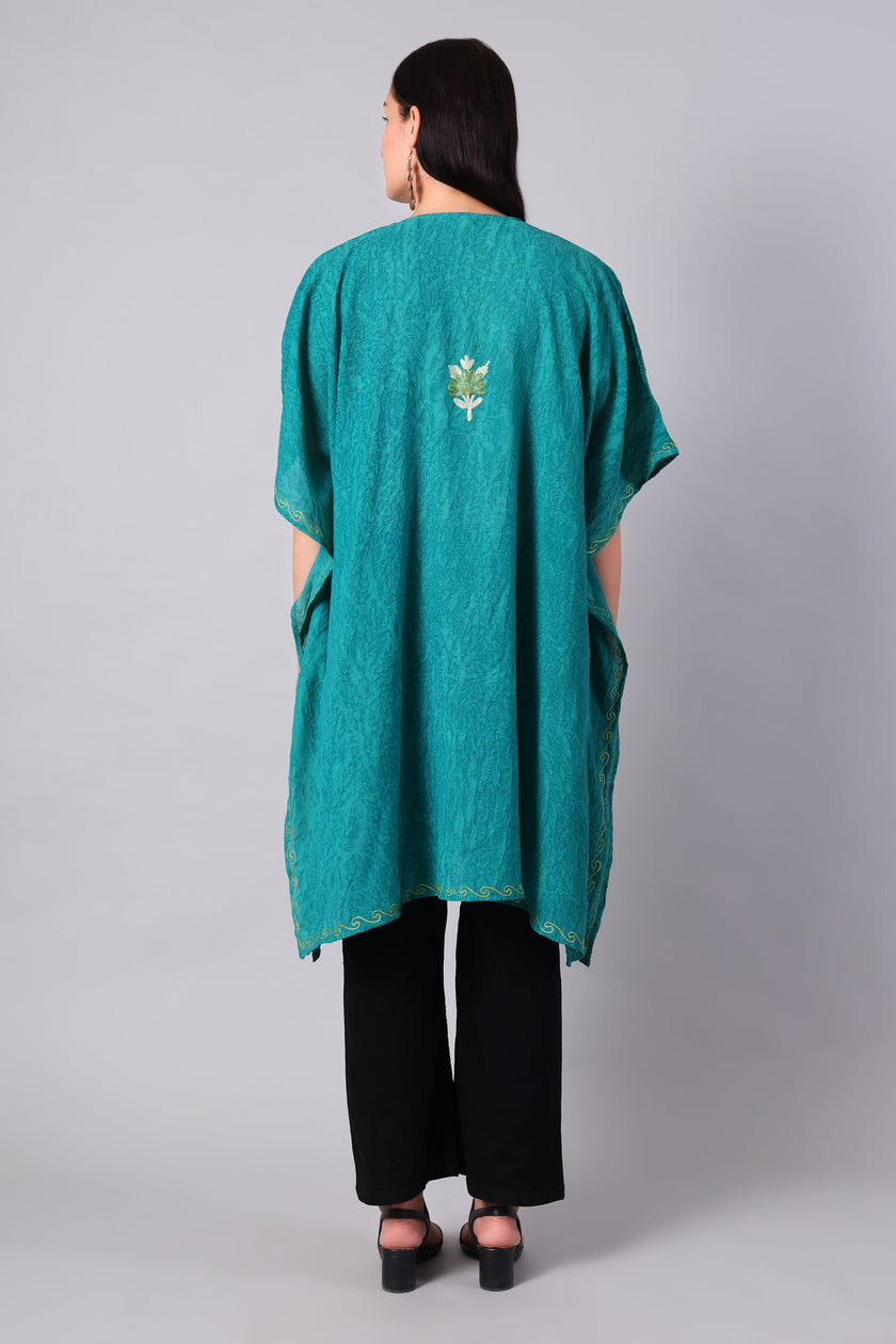 Novbahar teal green Kashmiri kaftan with tonal embroidery back view — KashmirPheran