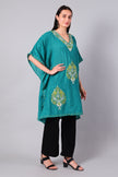 Novbahar teal green Kashmiri kaftan — front angle with tonal embroidery detail