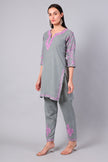 Full outfit of grey Aari embroidered co-ord set with straight pants for women
