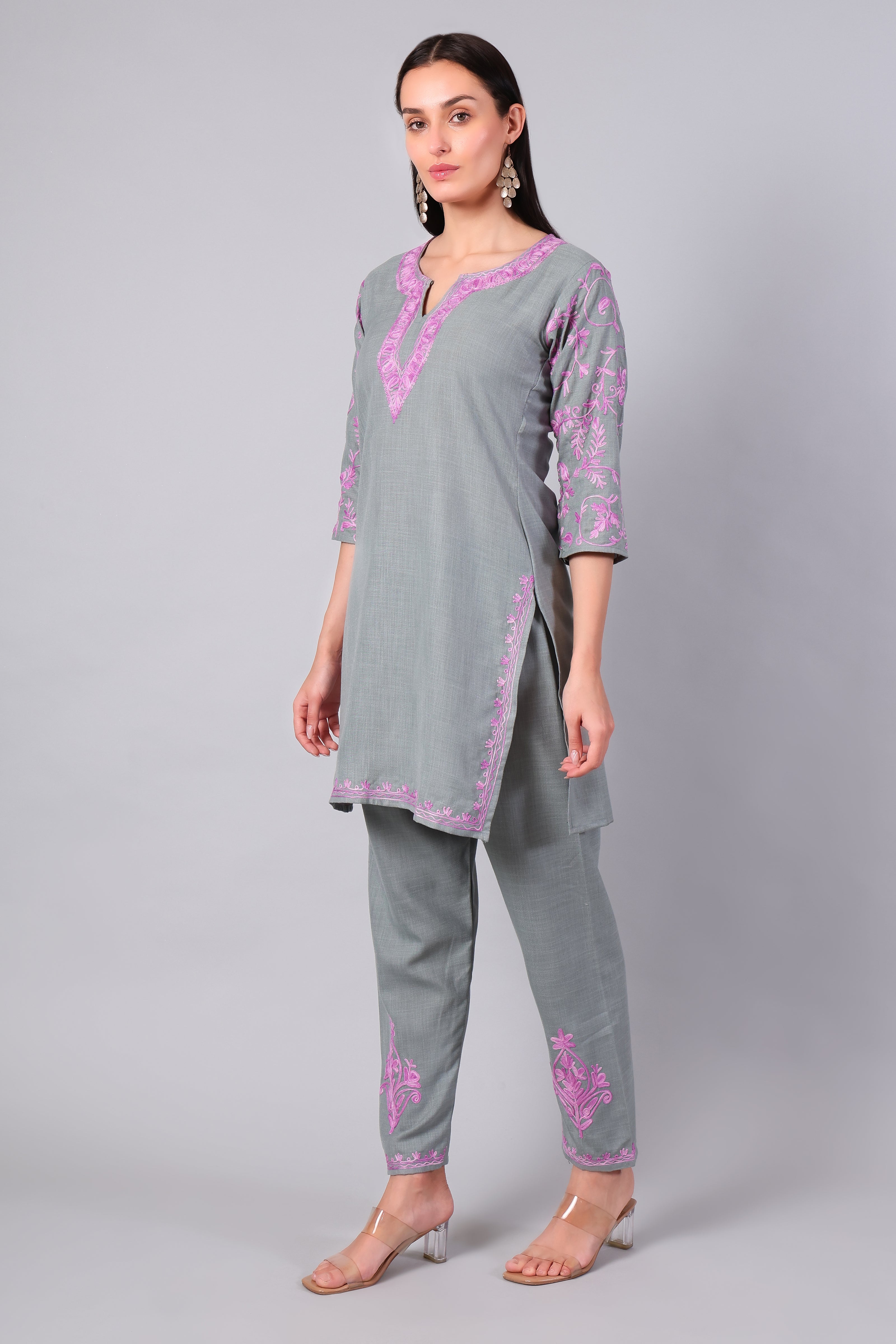 Full outfit of grey Aari embroidered co-ord set with straight pants for women