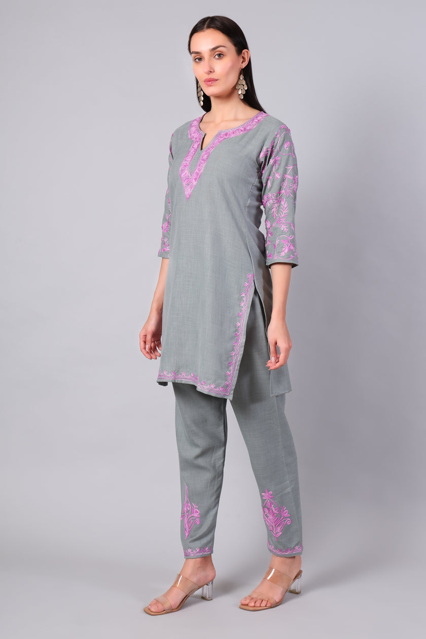 Full outfit of grey Aari embroidered co-ord set with straight pants for women