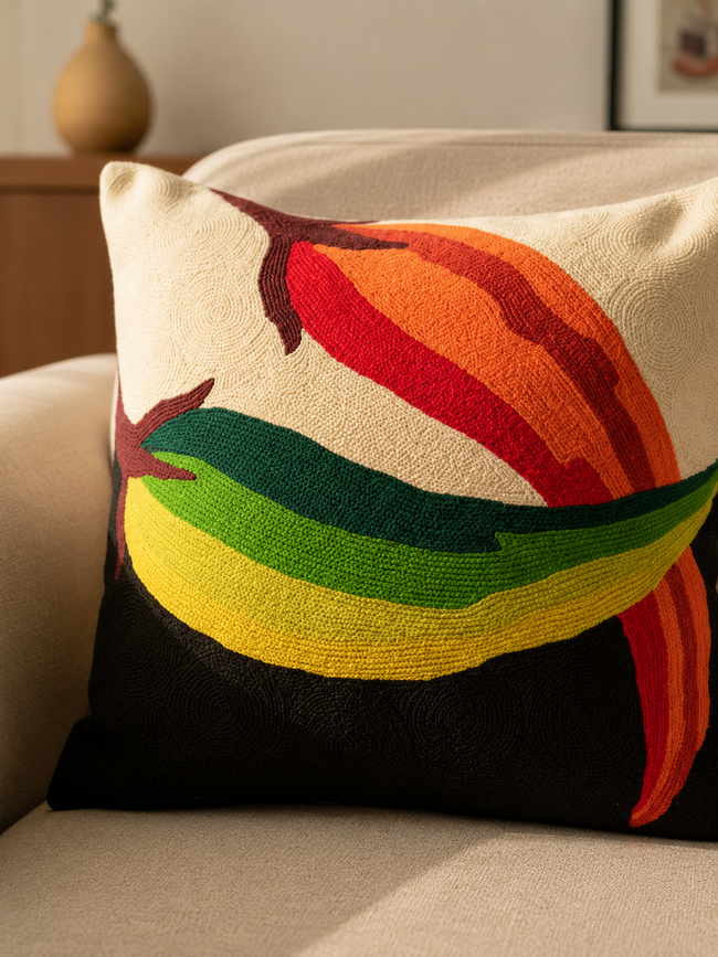 Handcrafted Chilli Cushion Cover with traditional Kashmiri chain stitch embroidery displayed on a modern lounge chair