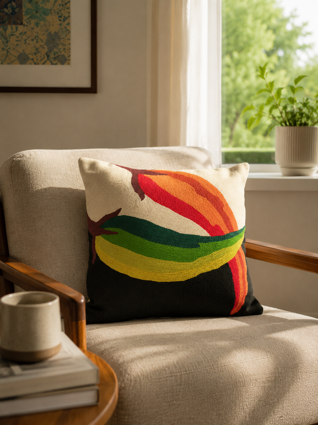 Chilli Cushion Cover handcrafted with traditional Kashmiri chain stitch embroidery on premium canvas by Hamiast