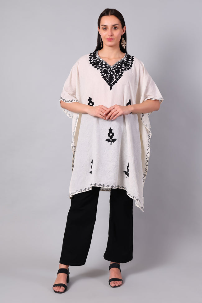 Ivory White Kashmiri Kaftan with Black Aari Embroidery — front view