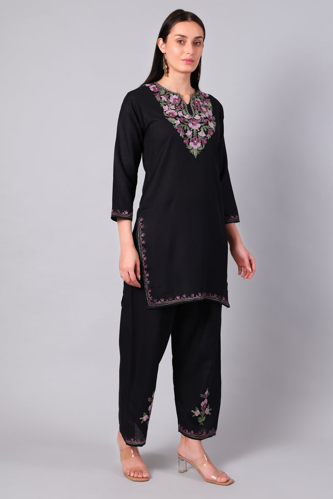 Full outfit of black Aari embroidered co-ord set with straight pants for women