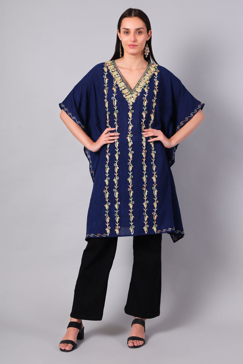 Midnight Blue Kashmiri Kaftan with Multicolour Vine Aari Embroidery — front view