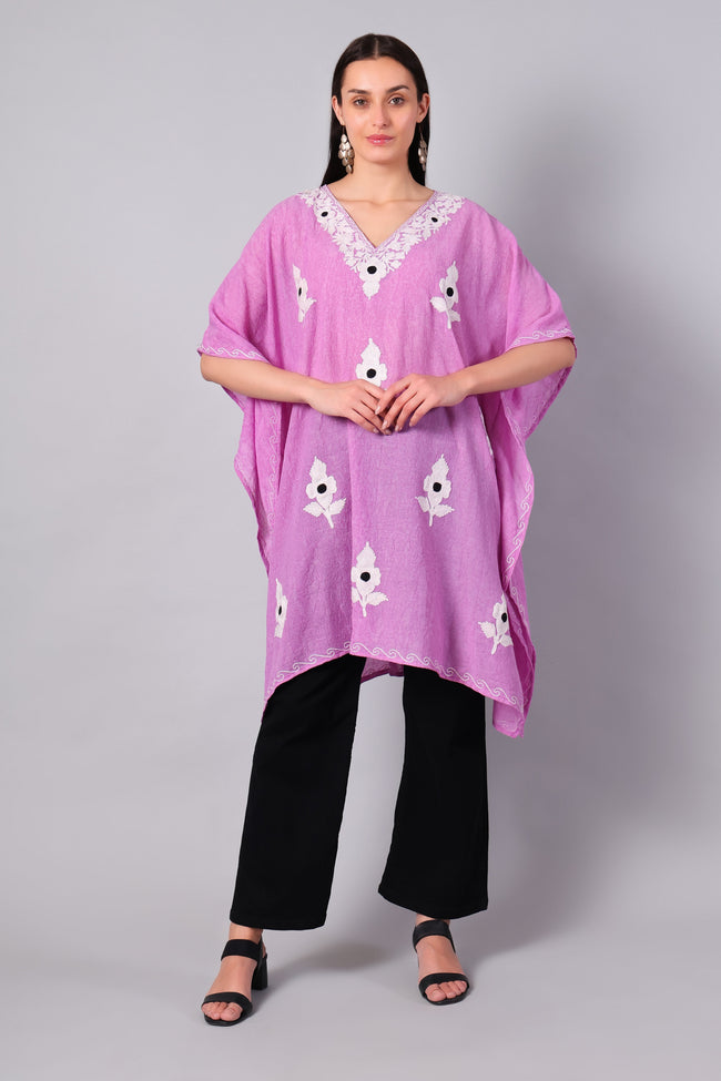 Orchid Pink Kashmiri Kaftan with White Floral Aari Embroidery — front view