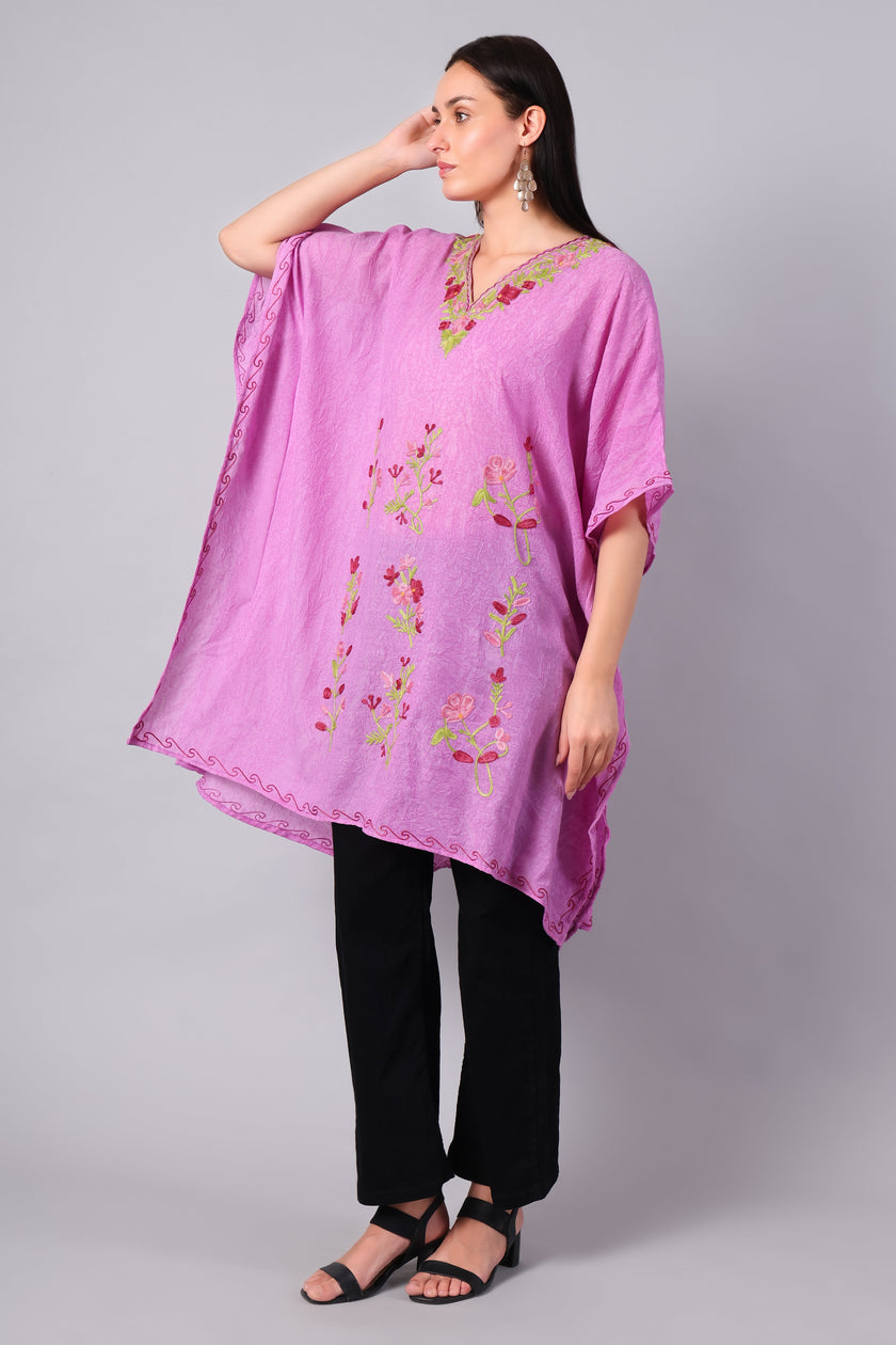 Novbahar blush pink Kashmiri kaftan side view — relaxed one-size silhouette