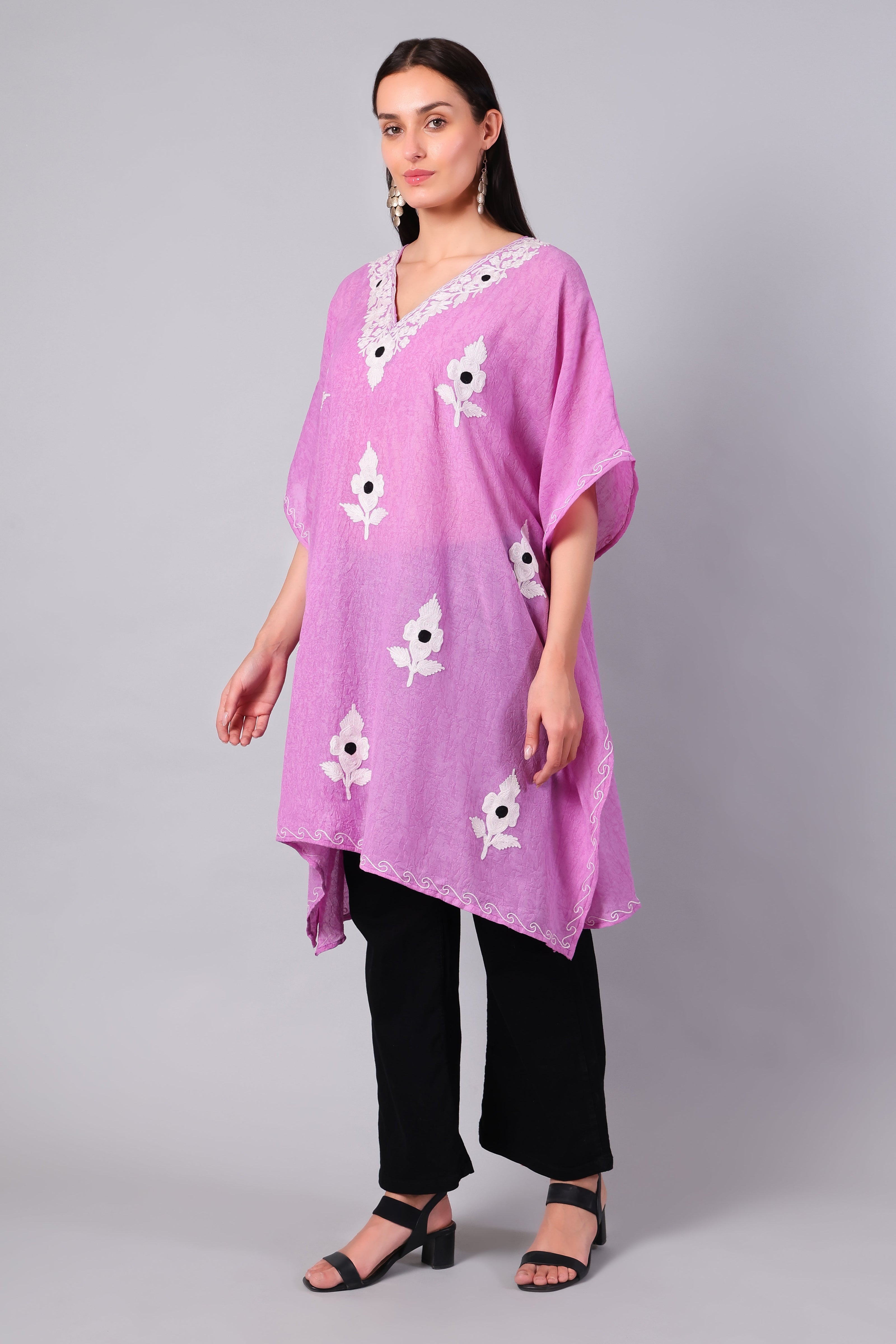 Novbahar orchid pink Kashmiri kaftan side view — relaxed one-size silhouette