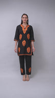 Full outfit of black Aari embroidered co-ord set with straight pants for women Video