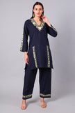 Woman wearing a navy blue traditional Cotton Summer Cord set with Aari embroidery- Video