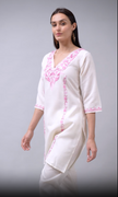 Full outfit of white Aari embroidered co-ord set with straight pants for women video