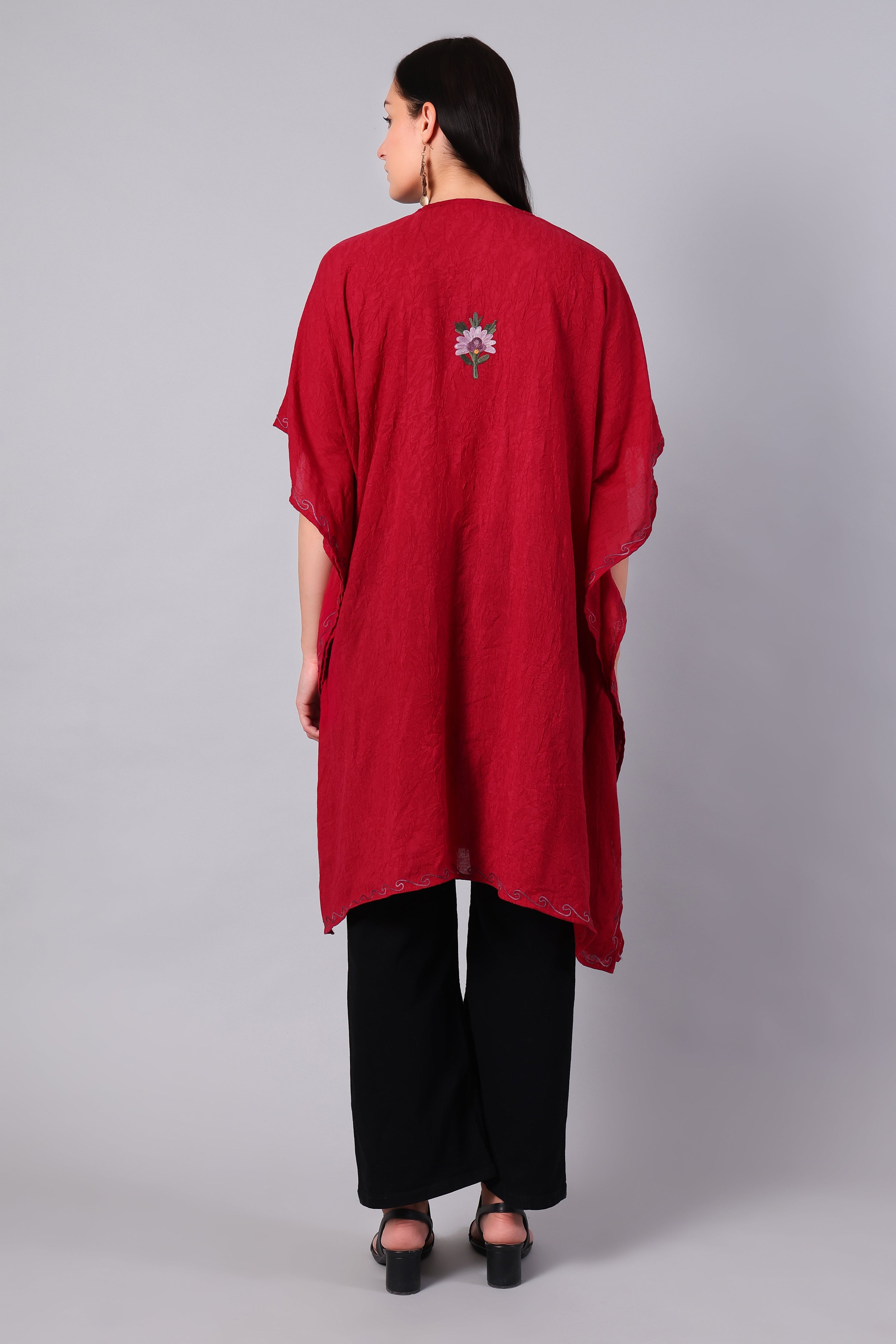 Novbahar crimson red Kashmiri kaftan back view — KashmirPheran