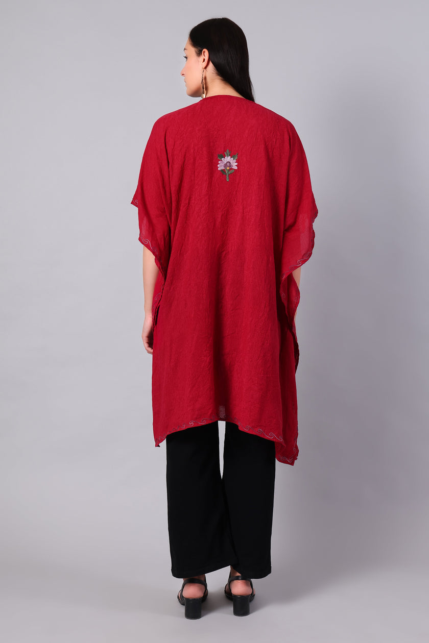 Novbahar crimson red Kashmiri kaftan back view — KashmirPheran