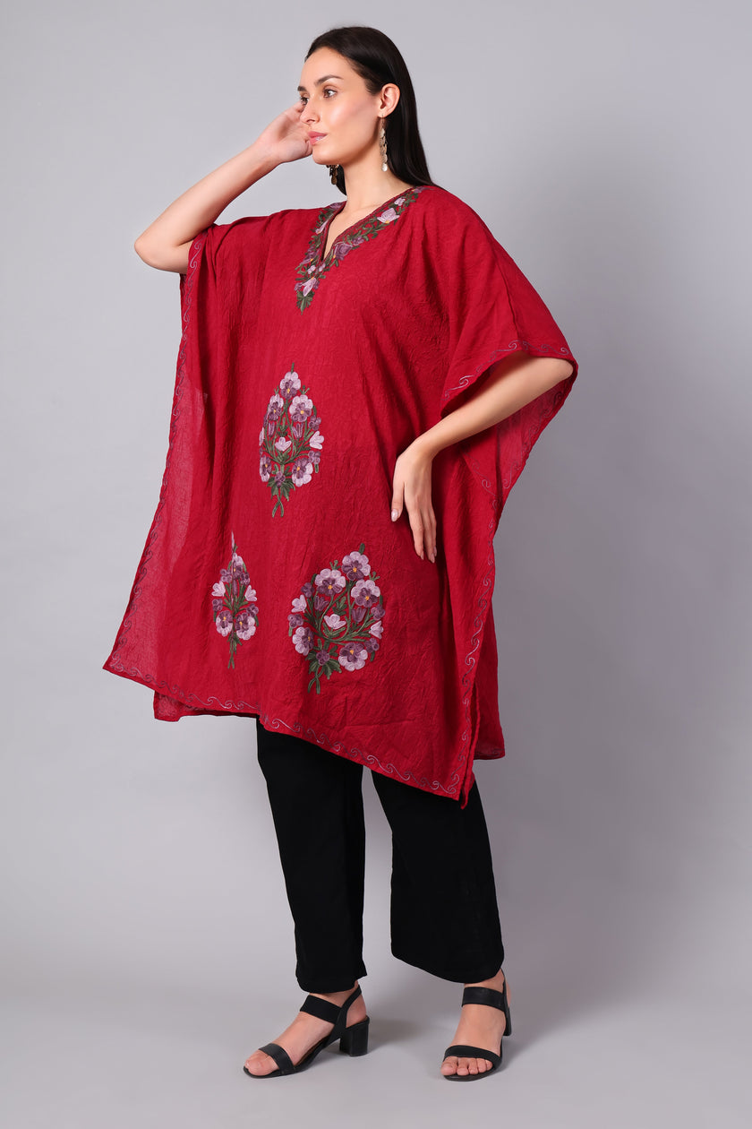 Novbahar crimson red Kashmiri kaftan side view — relaxed one-size silhouette