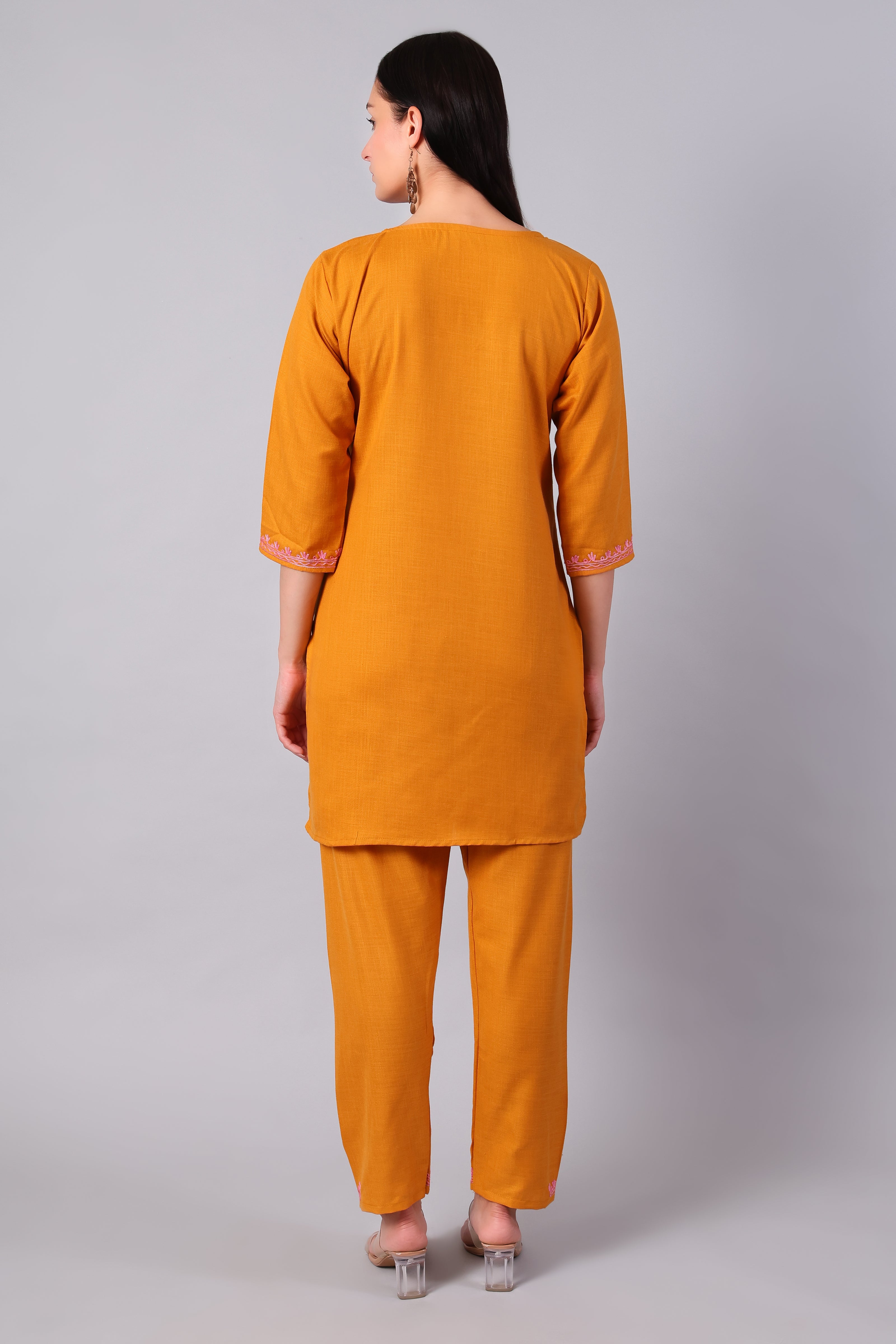 Back view of saffron Kashmiri Aari co-ord set for women