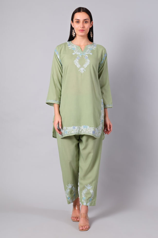 Front view of sage green Kashmiri Aari co-ord set with powder blue embroidery for women