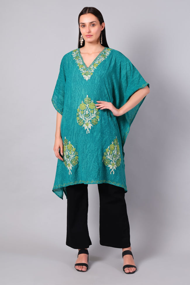 Teal Green Kashmiri Kaftan with Tonal Floral Aari Embroidery — front view