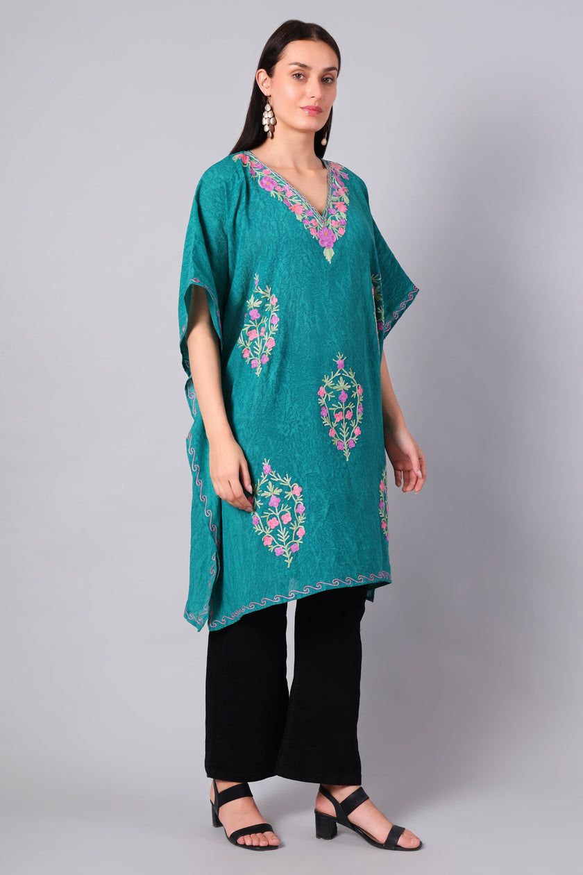 Teal Green Kashmiri Kaftan with Multicolour Floral Aari Embroidery — front view
