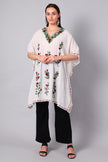 White Kashmiri Kaftan with Red and Green Floral Aari Embroidery — front view