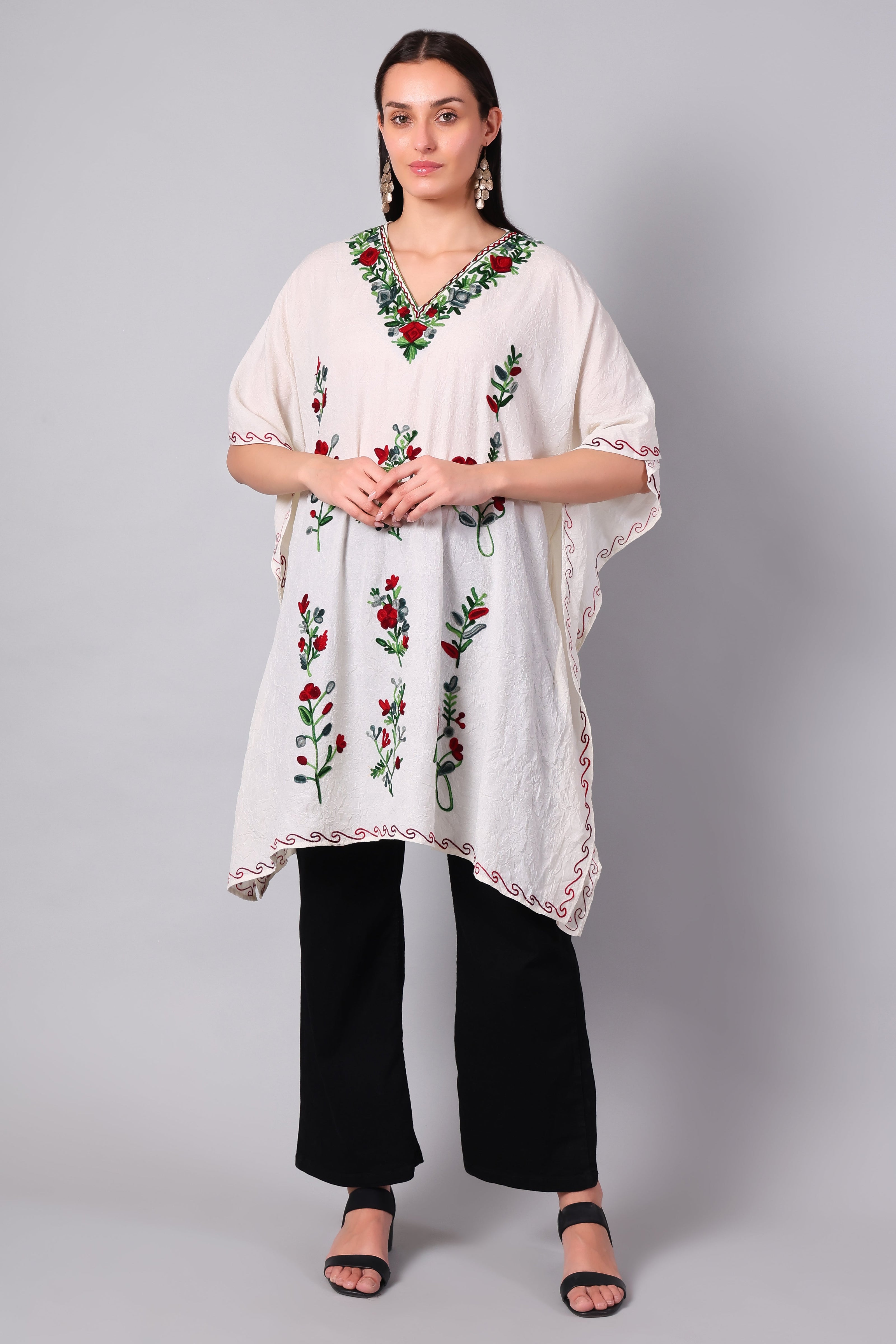 White Kashmiri Kaftan with Red and Green Floral Aari Embroidery — front view