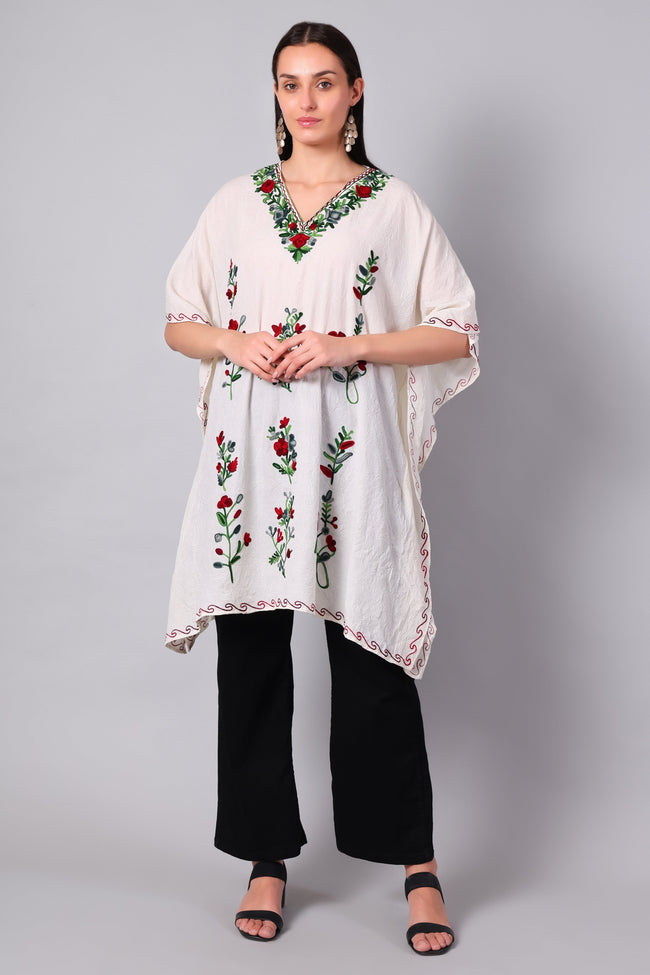 White Kashmiri Kaftan with Red and Green Floral Aari Embroidery — front view