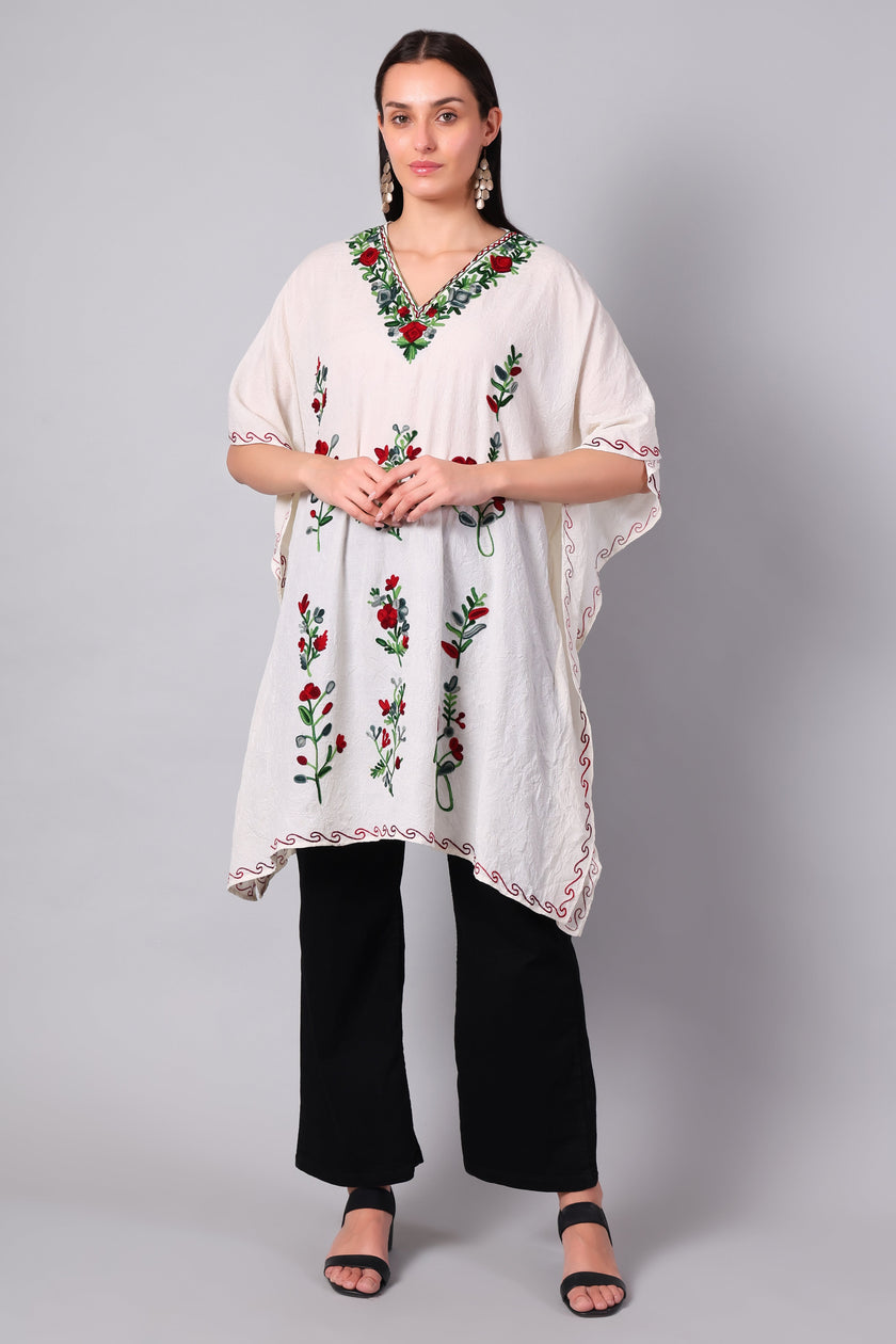 White Kashmiri Kaftan with Red and Green Floral Aari Embroidery — front view
