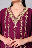 Close-up of Kashmiri Aari embroidery on wine purple kaftan neckline — KashmirPheran