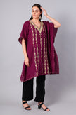 Novbahar wine purple Kashmiri kaftan side view — relaxed one-size silhouette